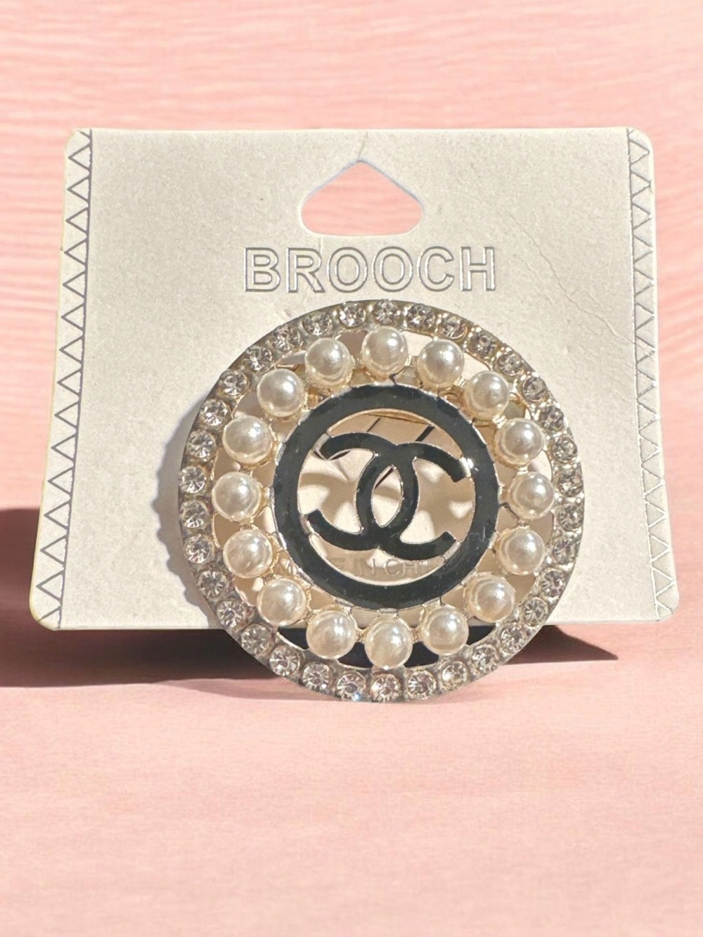 Gold-Tone Pearl & Crystal Double C Circle Brooch
812